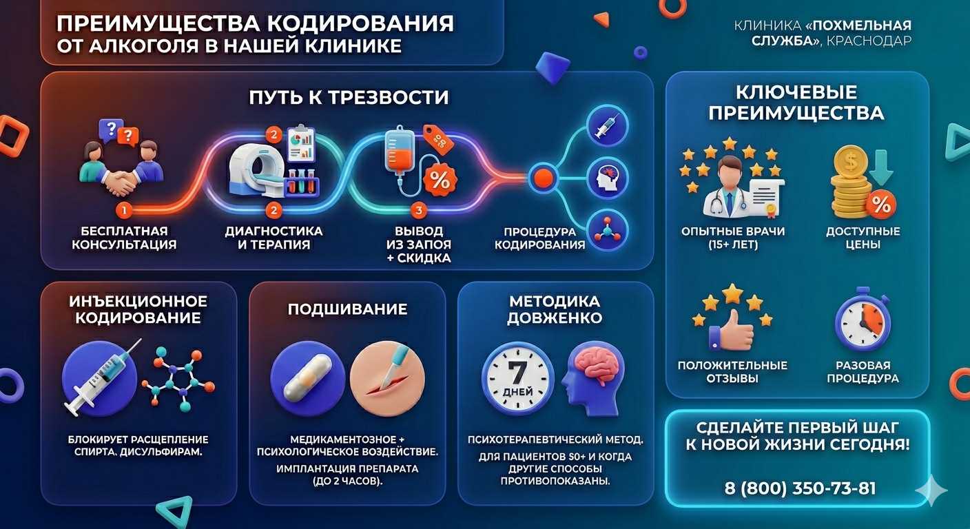 Инфографика о методах кодирования от алкоголя в Белёве: инъекции, подшивание, метод Довженко. Преимущества клиники и этапы лечения.